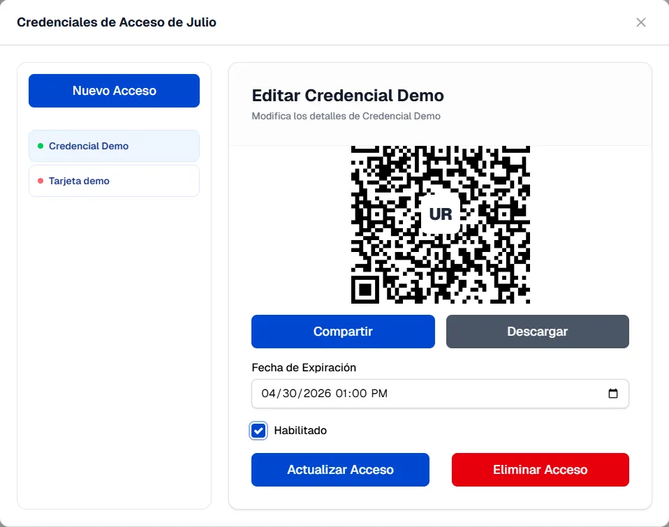 Interfaz de creación de QR o tarjeta para usuario